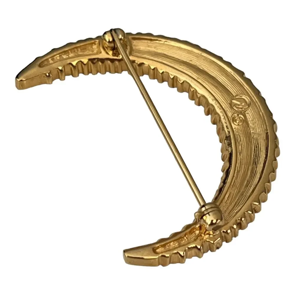 Vintage Swarovski Crystal Crescent Moon Brooch Gold Tone - 1E